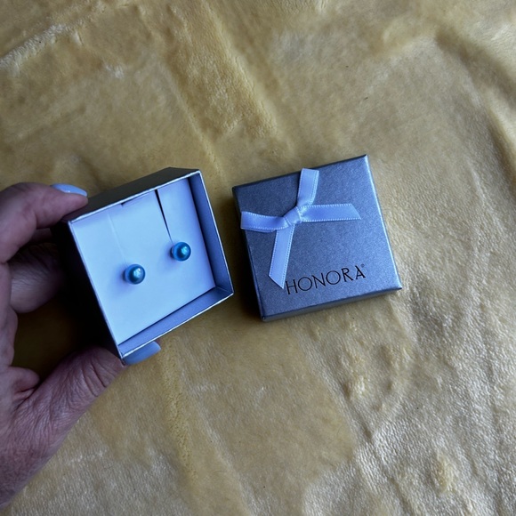 Honora Light blue pearl studs in silver setting - Picture 2 of 5